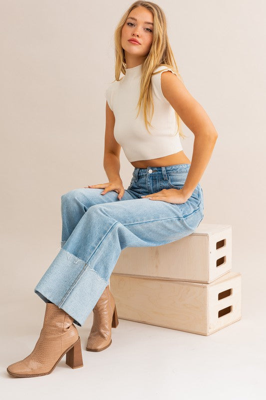 The Monica High-Waisted Wide Leg Cuffed Jeans