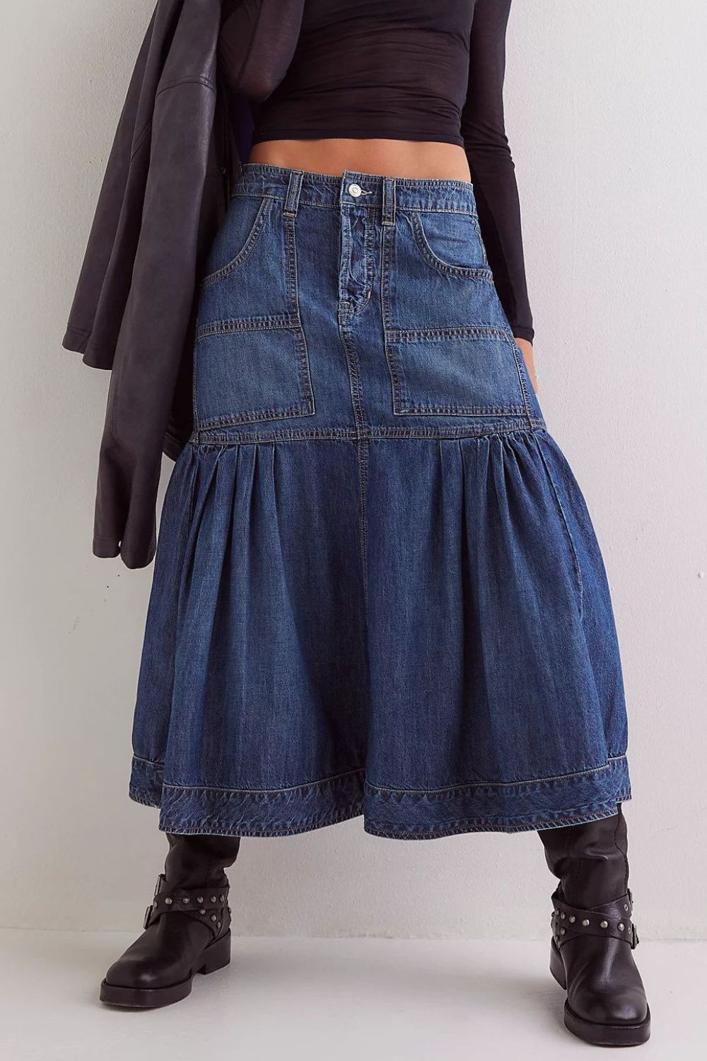 Midi Denim Skirt with Pockets